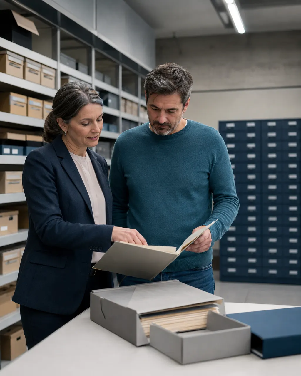 Eine Archivmitarbeiterin unterstützt eine Person bei der Suche nach alten Schulunterlagen.