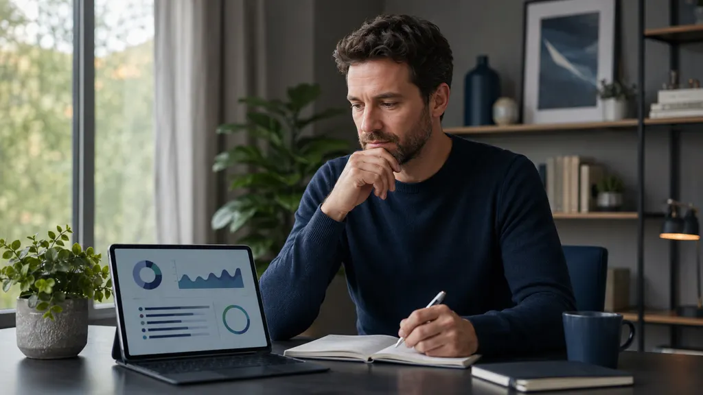 Person an einem modernen Arbeitsplatz bei der Planung regelmäßiger Fondsinvestitionen
