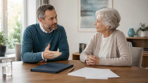 Zwei Erwachsene besprechen gemeinsam neutrale Unterlagen zur persönlichen Vorsorge