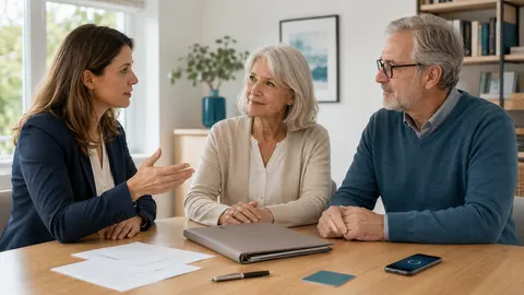 Zwei erwachsene Personen und eine ältere Vertrauensperson ordnen an einem Tisch eine neutrale Vorsorgemappe, eine unbeschriftete Notfallkarte und ein Smartphone.