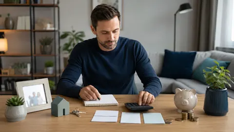 Person ordnet an einem Tisch verschiedene finanzielle Risiken und Verpflichtungen nach ihrer Bedeutung