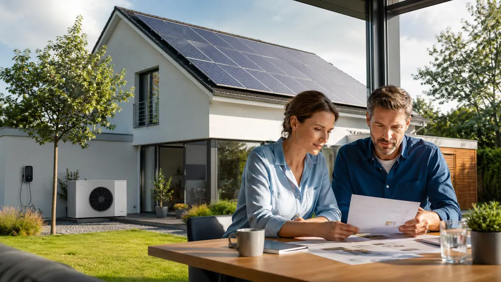 Modernes Einfamilienhaus mit Photovoltaikanlage, Wärmepumpe und Wallbox, während zwei Personen Unterlagen zur Absicherung und Finanzierung besprechen.