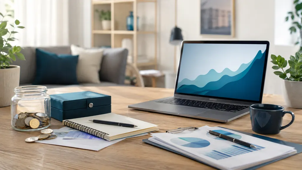 Modern gestalteter Arbeitsplatz mit getrennten Bereichen für verfügbare Geldreserve und langfristige Geldanlage als Symbol für den Unterschied zwischen Sparen und Investieren