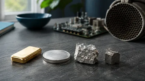 Gold, Silber sowie neutrale Platin- und Palladiumproben auf einem modernen Tisch als sachlicher Vergleich verschiedener Edelmetalle