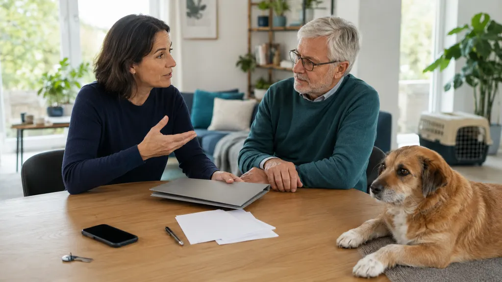 Zwei erwachsene Personen besprechen an einem Tisch einen Haustier-Notfallplan, während ein Hund ruhig neben ihnen liegt.