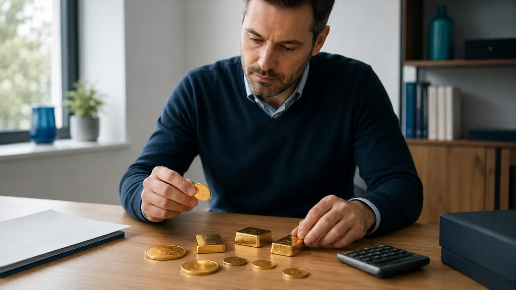 Goldbarren und verschiedene Anlagemünzen liegen übersichtlich auf einem Tisch, während eine Person Preise und Stückelungen vergleicht.