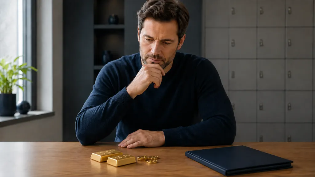 Person betrachtet Goldbarren und Goldmünzen an einem aufgeräumten Tisch und beschäftigt sich mit der sicheren Aufbewahrung von physischem Gold.