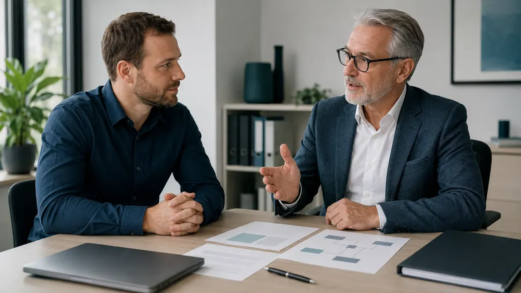 Unternehmerin und vertraute geschäftliche Vertretungsperson besprechen unbeschriftete Unterlagen zur betrieblichen Notfallvorsorge.