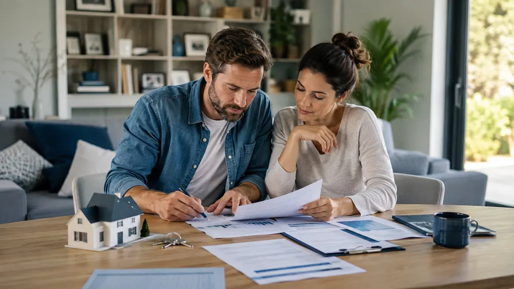 Paar betrachtet Unterlagen zur Immobilienfinanzierung neben einem kleinen Hausmodell auf einem Tisch