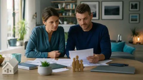 Ein Paar sitzt an einem Tisch und ordnet Unterlagen zu Wohnen, Familie, Beruf und finanzieller Vorsorge.