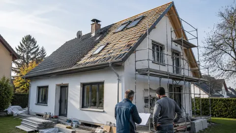 Älteres Einfamilienhaus während einer geplanten energetischen Modernisierung mit Arbeiten an Fassade und Dach