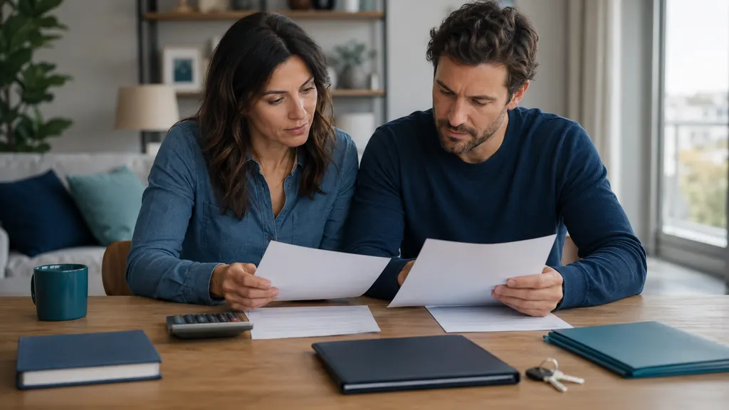 Unverheiratetes Paar prüft Unterlagen zu gemeinsamer Finanzierung, Vorsorge und Absicherung