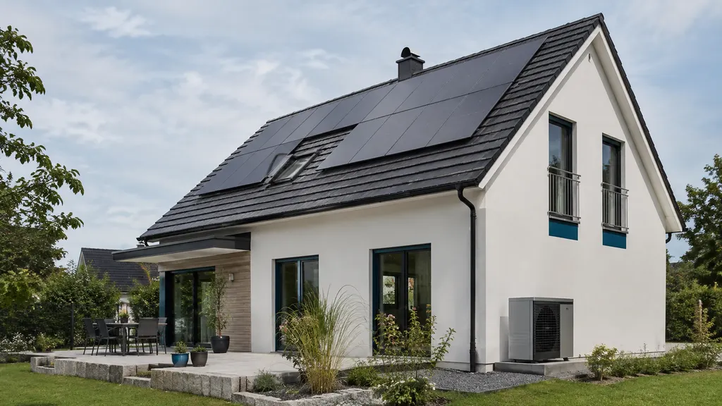 Modernes deutsches Einfamilienhaus mit Photovoltaikanlage auf dem Dach und realistisch installierter Wärmepumpen-Außeneinheit