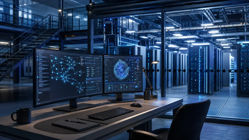 Moderne KI-Infrastruktur mit leistungsfähigen Servern und einer dezenten Darstellung vernetzter KI-Anwendungen für Coding und digitale Assistenz