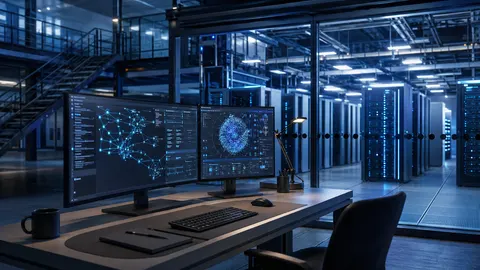 Moderne KI-Infrastruktur mit leistungsfähigen Servern und einer dezenten Darstellung vernetzter KI-Anwendungen für Coding und digitale Assistenz