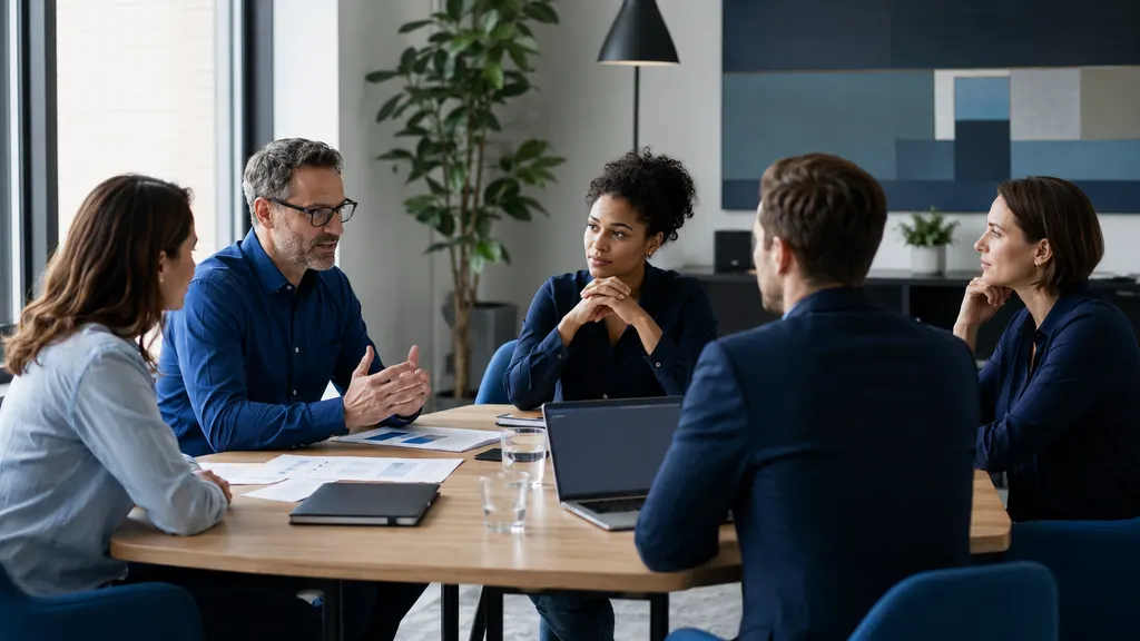 Führungskraft und Beschäftigte eines kleinen Unternehmens besprechen gemeinsam Arbeitsabläufe und Arbeitsbedingungen an einem Besprechungstisch.