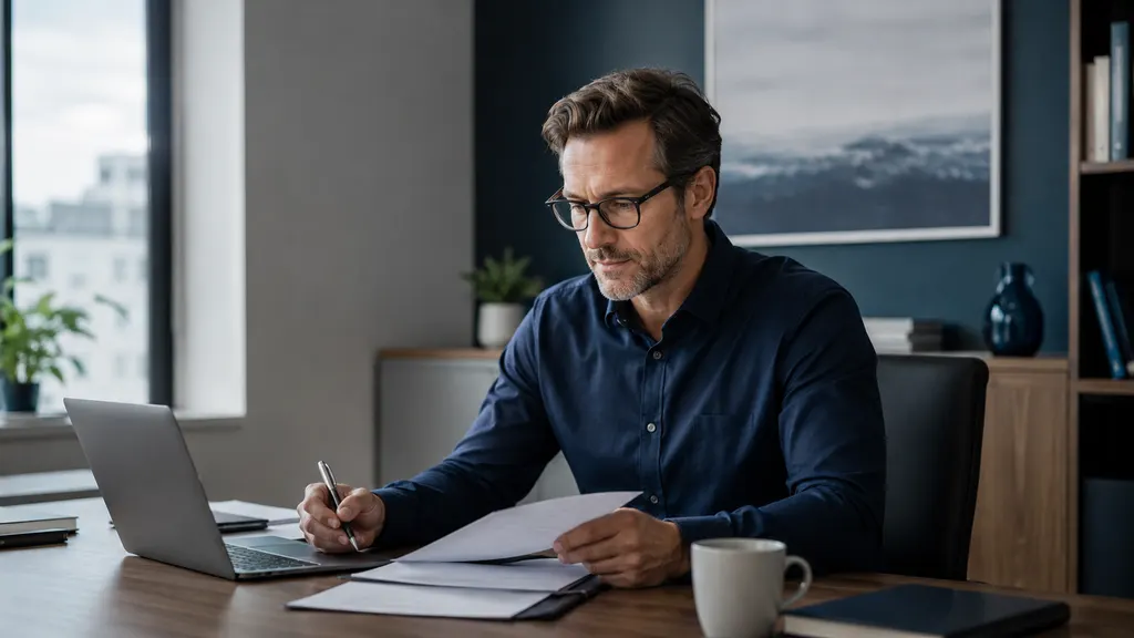 Berufstätige Person prüft an einem modernen Arbeitsplatz Unterlagen zur langfristigen finanziellen Absicherung der eigenen Arbeitskraft.