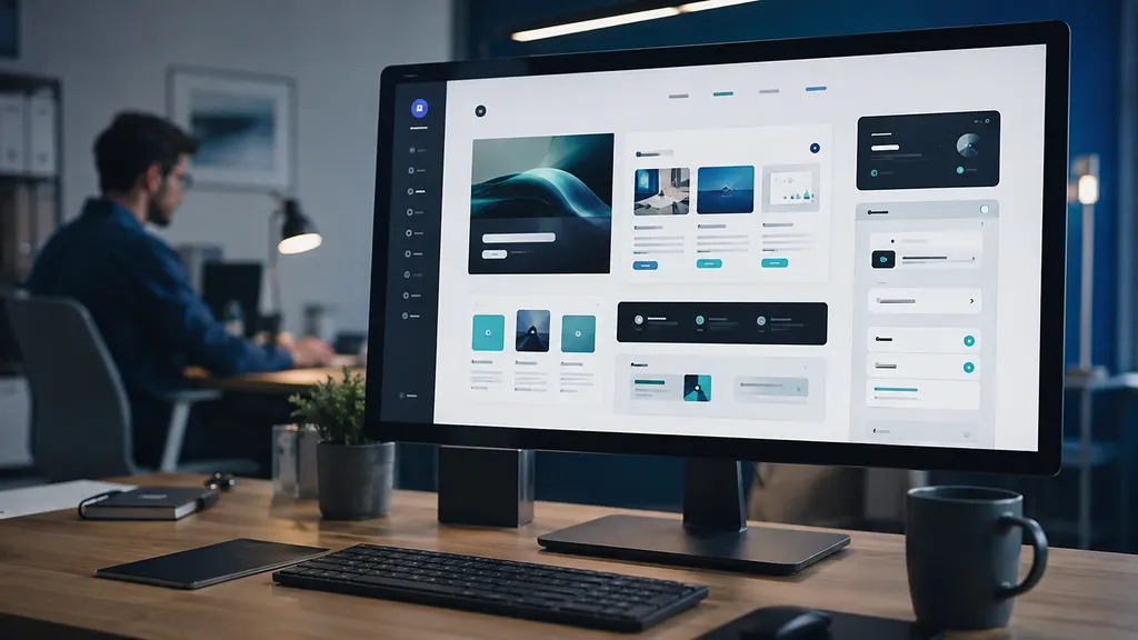 Webdesigner an einem modernen Arbeitsplatz vor einem Bildschirm mit modular aufgebauter responsiver Website