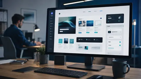 Webdesigner an einem modernen Arbeitsplatz vor einem Bildschirm mit modular aufgebauter responsiver Website