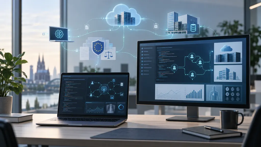 Redaktionelle Darstellung aktueller KI-Entwicklungen mit Agenten, Softwareentwicklung, Browser-KI, Unternehmensdaten und Regulierung