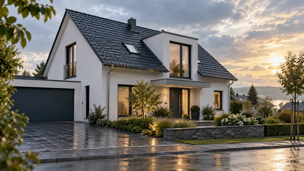 Modernes Einfamilienhaus mit sichtbarem Dach und Fassadendetails als Symbol für den Schutz durch eine Wohngebäudeversicherung