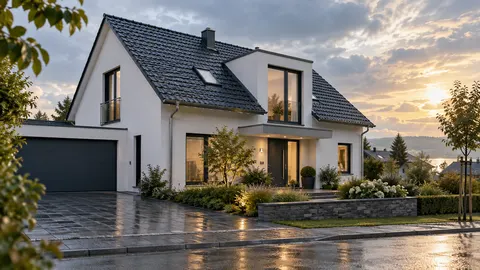 Modernes Einfamilienhaus mit sichtbarem Dach und Fassadendetails als Symbol für den Schutz durch eine Wohngebäudeversicherung
