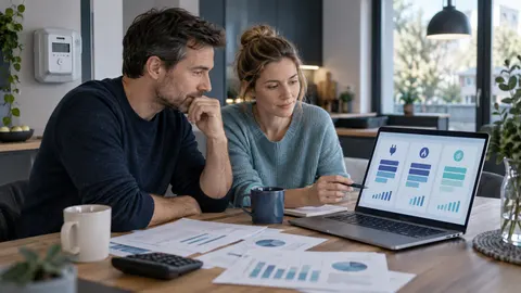Haushaltsszene mit Energiezähler, Vertragsunterlagen und Laptop zur Veranschaulichung eines Strom- und Gastarifvergleichs