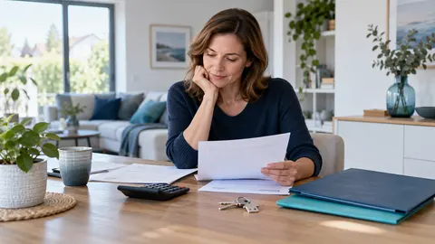 Person prüft Unterlagen zur Eigenheimfinanzierung und Altersvorsorge an einem hellen Tisch.