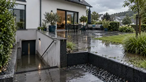 Wohnhaus nach starkem Regen mit angesammeltem Oberflächenwasser vor Keller und Terrasse