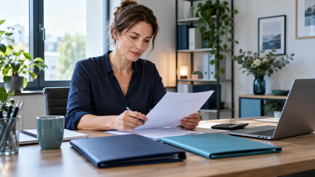 Selbstständige Person prüft an einem hellen Arbeitsplatz Unterlagen zur Finanz- und Altersvorsorgeplanung.