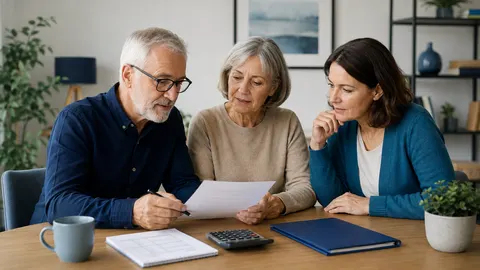Ältere pflegebedürftige Person und erwachsene Angehörige prüfen gemeinsam Unterlagen zu Pflegekosten und finanzieller Unterstützung