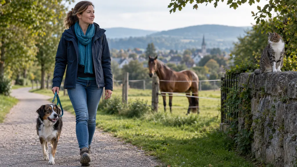 Hundehalterin mit Hund, Pferd und Katze als Symbol für unterschiedliche Haftpflichtlösungen bei Haustieren