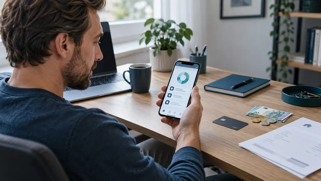 Smartphone mit Banking-App, Zahlungskarte und Alltagsunterlagen auf einem Schreibtisch als Symbol für modernes Girokonto und Zahlungsverkehr
