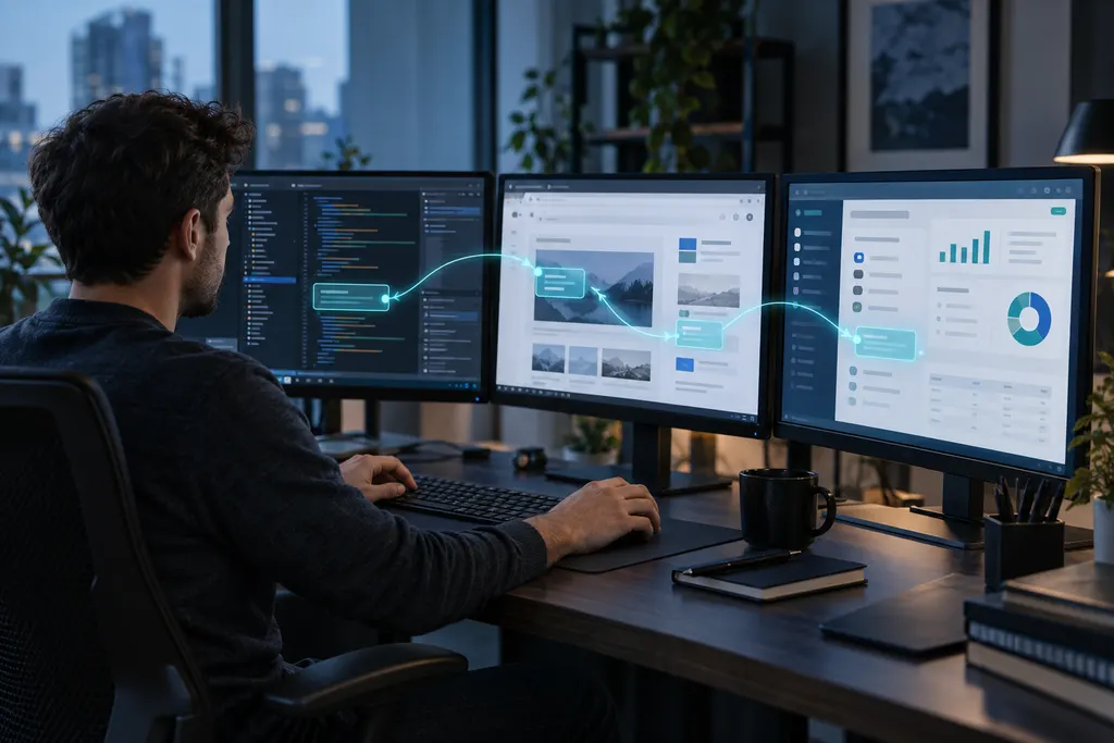 Moderner Arbeitsplatz mit KI-Anwendungen, Softwareentwicklung, Finanzdaten und automatisierten Geschäftsprozessen