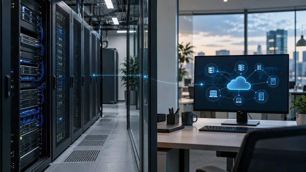 Moderner Serverraum neben einem Arbeitsplatz mit visualisierter Cloud-Infrastruktur auf dem Bildschirm
