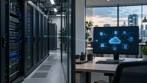 Moderner Serverraum neben einem Arbeitsplatz mit visualisierter Cloud-Infrastruktur auf dem Bildschirm