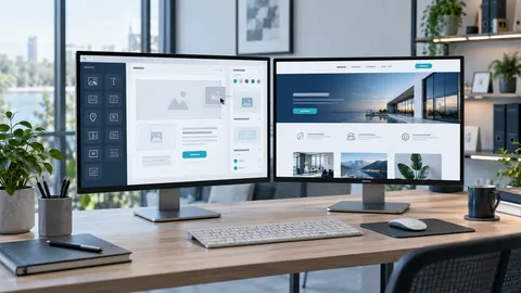 Zwei moderne Arbeitsplätze zeigen die Gestaltung einer Website mit vorgefertigten Bausteinen und die individuelle Webentwicklung.