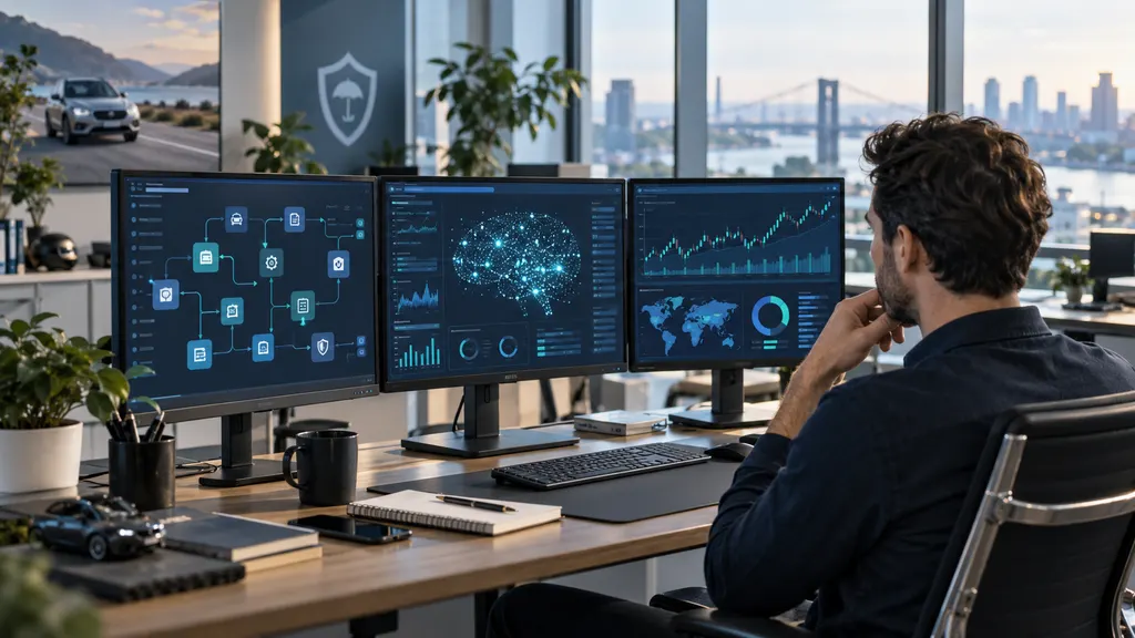 Moderner Arbeitsplatz mit KI-Anwendungen, Softwareentwicklung, Finanzdaten und automatisierten Geschäftsprozessen