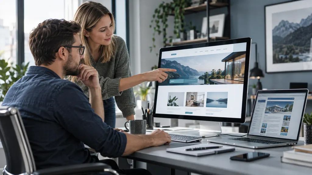 Zwei Personen betrachten an einem Arbeitsplatz die Gestaltung und Struktur einer Website auf einem großen Monitor.