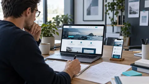 Moderner Arbeitsplatz mit Website-Entwurf auf einem Laptop, Smartphone und Unterlagen zur Planung eines kundenorientierten Webauftritts.