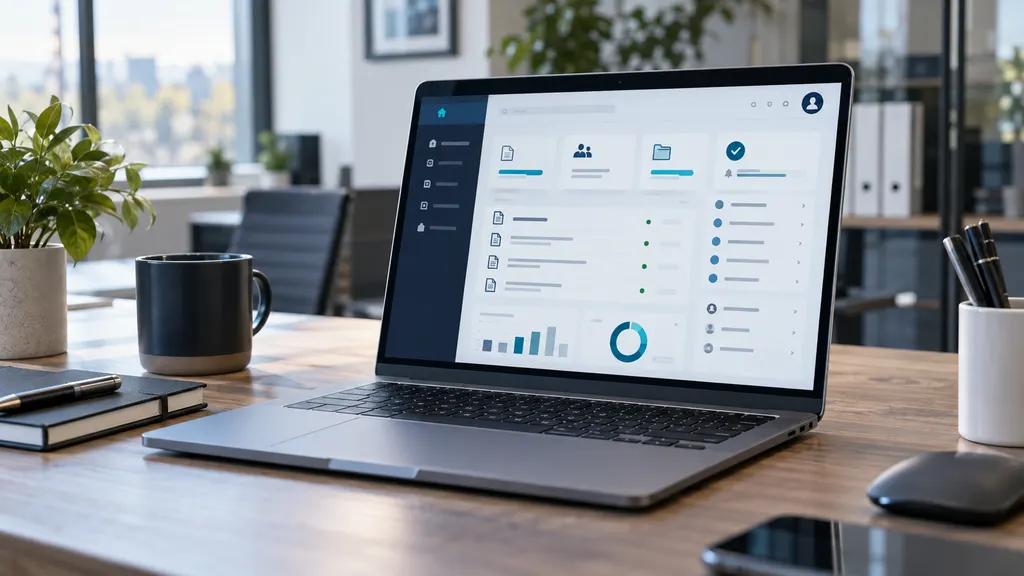 Moderner Arbeitsplatz mit Laptop und einer übersichtlichen Kundenportal-Oberfläche mit Dokumenten, Nachrichten und verschiedenen Funktionsbereichen.