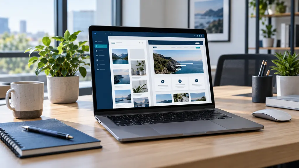 Moderner Arbeitsplatz mit Laptop, auf dem eine übersichtliche CMS-Oberfläche zur Bearbeitung von Website-Inhalten dargestellt ist