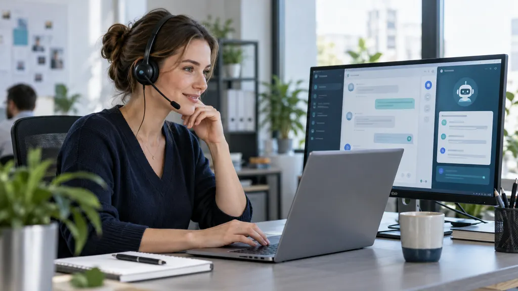 Kundenservice-Mitarbeiterin an einem modernen Arbeitsplatz mit Laptop und einer digitalen Chatoberfläche zur Bearbeitung von Kundenanfragen.