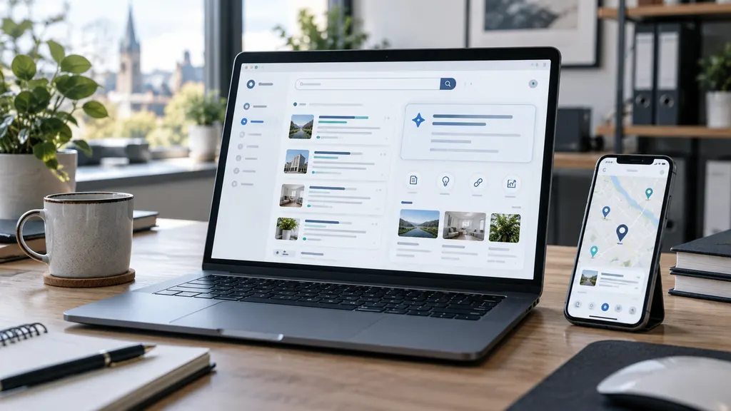 Moderner Arbeitsplatz mit Laptop und Smartphone als Darstellung unterschiedlicher digitaler Wege zur Entdeckung von Websites.