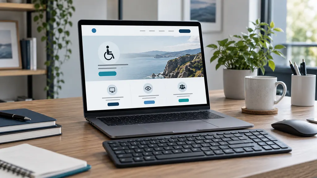 Laptop mit übersichtlich gestalteter Website auf einem modernen Schreibtisch, daneben eine Tastatur als Symbol für barrierefreie Bedienung