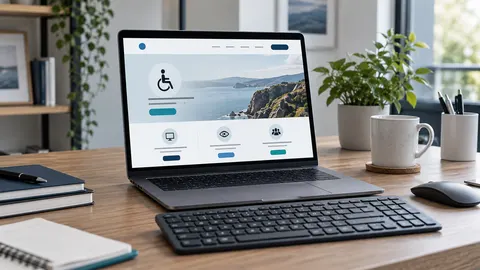 Laptop mit übersichtlich gestalteter Website auf einem modernen Schreibtisch, daneben eine Tastatur als Symbol für barrierefreie Bedienung