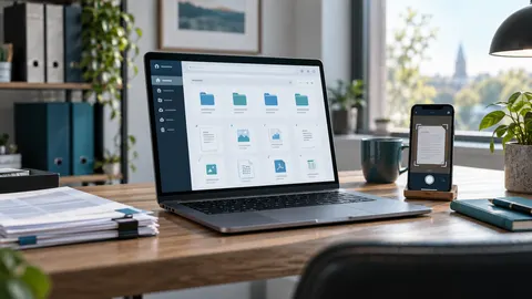 Laptop mit übersichtlich angeordneten digitalen Ordnern auf einem modernen Schreibtisch neben wenigen Papierdokumenten und einem Smartphone.