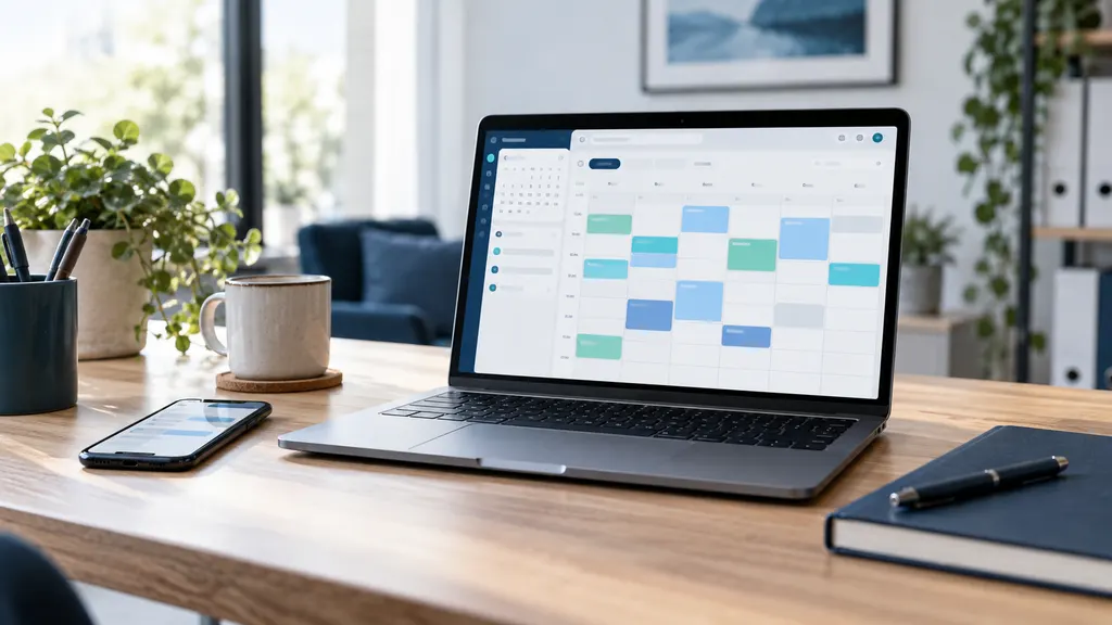 Laptop mit digitalem Terminkalender neben einem Smartphone und Notizbuch auf einem modernen Schreibtisch