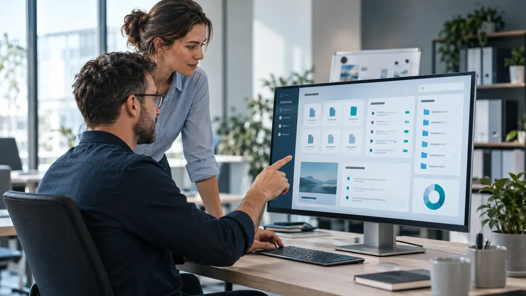 Zwei Mitarbeitende organisieren gemeinsam Dokumente und Aufgaben an einem übersichtlichen digitalen Arbeitsplatz