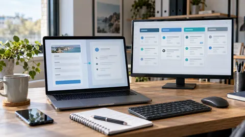 Moderner Büroarbeitsplatz mit Laptop und schematischer Darstellung eines digitalen Ablaufs von einem Kontaktformular zu einer übersichtlichen Aufgabenliste.